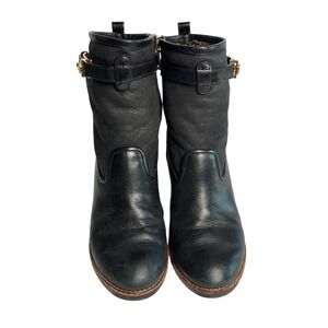 Tory Burch Black Leather Wedge Ankle Boots Gold Logo Buckle Shearling Lined 8.5